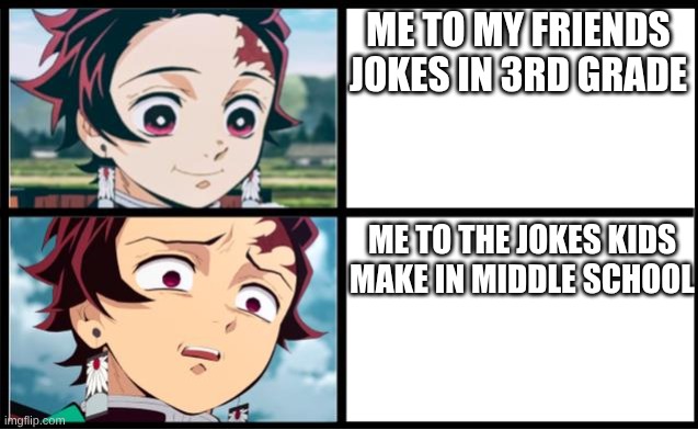 middle school kids be like. | ME TO MY FRIENDS JOKES IN 3RD GRADE; ME TO THE JOKES KIDS MAKE IN MIDDLE SCHOOL | image tagged in tanjiro approval | made w/ Imgflip meme maker