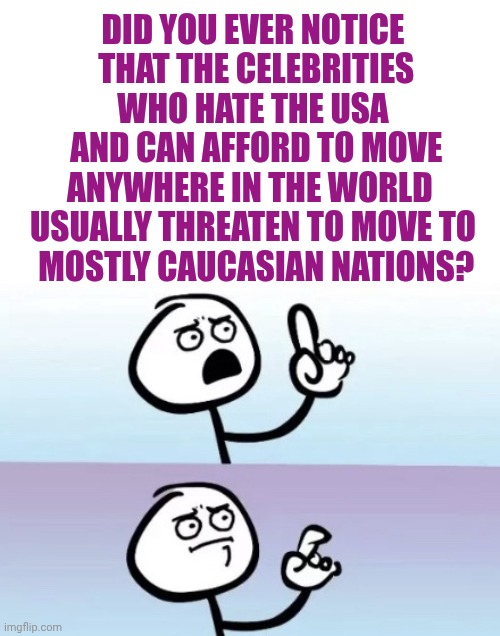 Diversity | DID YOU EVER NOTICE
 THAT THE CELEBRITIES WHO HATE THE USA
 AND CAN AFFORD TO MOVE ANYWHERE IN THE WORLD 
USUALLY THREATEN TO MOVE TO
 MOSTLY CAUCASIAN NATIONS? | image tagged in i have questions,diversity,usa,memes,celebrities,moving out | made w/ Imgflip meme maker