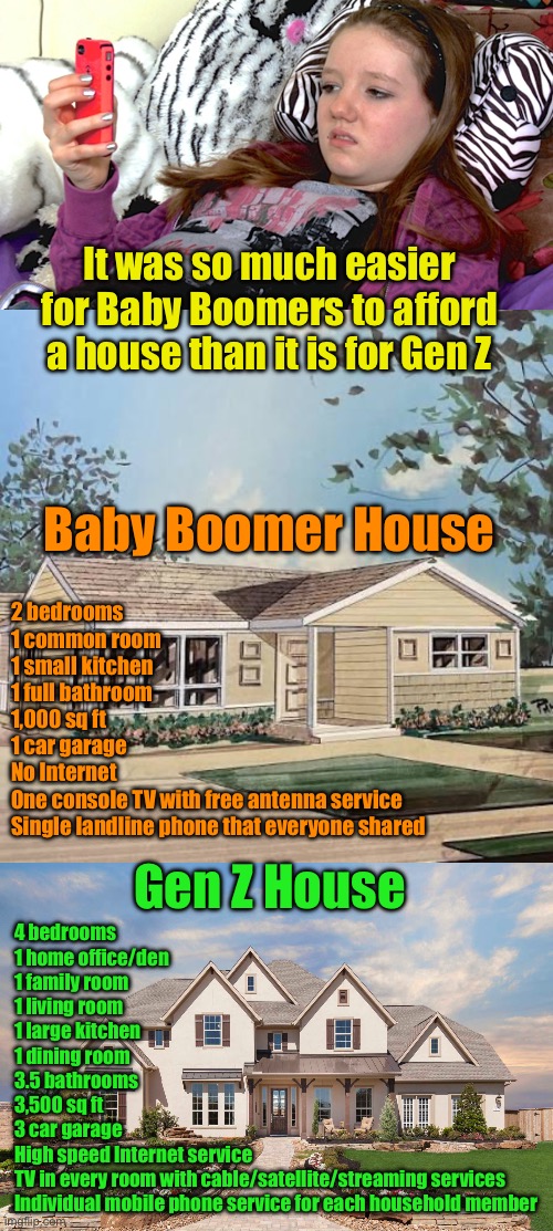 Why it was easier for Baby Boomers to afford a house | It was so much easier for Baby Boomers to afford a house than it is for Gen Z; Baby Boomer House; 2 bedrooms
1 common room
1 small kitchen
1 full bathroom
1,000 sq ft
1 car garage 
No Internet
One console TV with free antenna service
Single landline phone that everyone shared; Gen Z House; 4 bedrooms
1 home office/den
1 family room
1 living room
1 large kitchen
1 dining room
3.5 bathrooms
3,500 sq ft
3 car garage
High speed Internet service 
TV in every room with cable/satellite/streaming services
Individual mobile phone service for each household member | image tagged in gen z,millennials,baby boomers | made w/ Imgflip meme maker