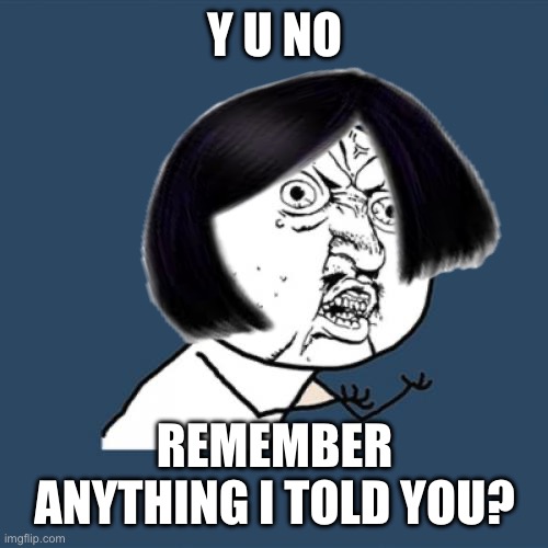 Y U No | Y U NO; REMEMBER ANYTHING I TOLD YOU? | image tagged in memes,y u no | made w/ Imgflip meme maker