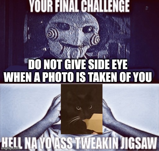 your final challenge | DO NOT GIVE SIDE EYE WHEN A PHOTO IS TAKEN OF YOU | image tagged in your final challenge | made w/ Imgflip meme maker