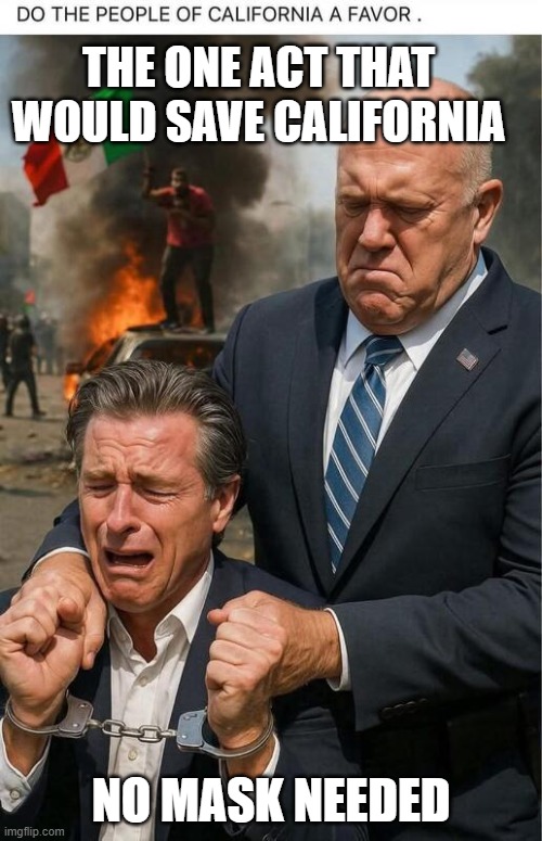 No one would miss um | THE ONE ACT THAT WOULD SAVE CALIFORNIA; NO MASK NEEDED | image tagged in tom homan arrests gavin newsom,democrat war on america,deport democrats,fafo,buh bye,save commiefornia | made w/ Imgflip meme maker