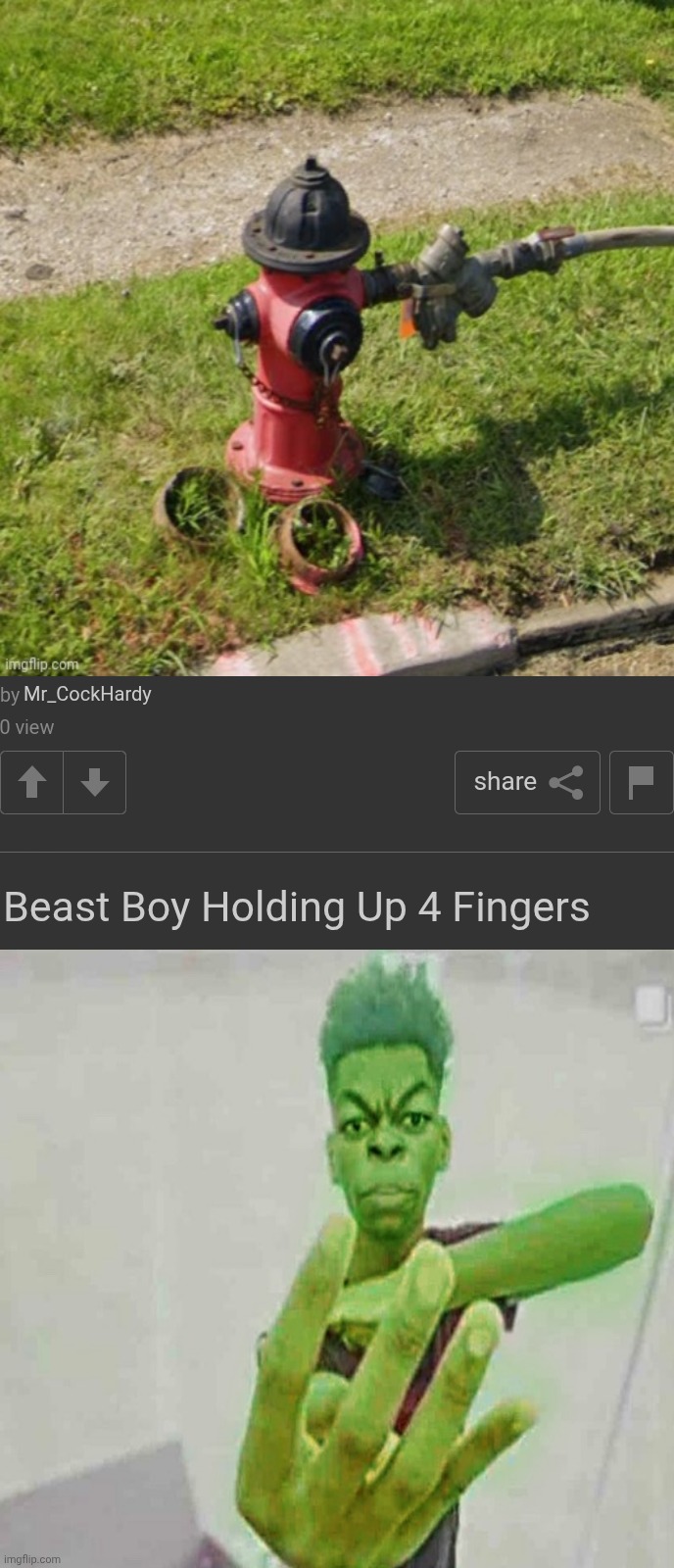 Red black fire hydrant | Mr_CockHardy; Beast Boy Holding Up 4 Fingers | image tagged in two posts | made w/ Imgflip meme maker