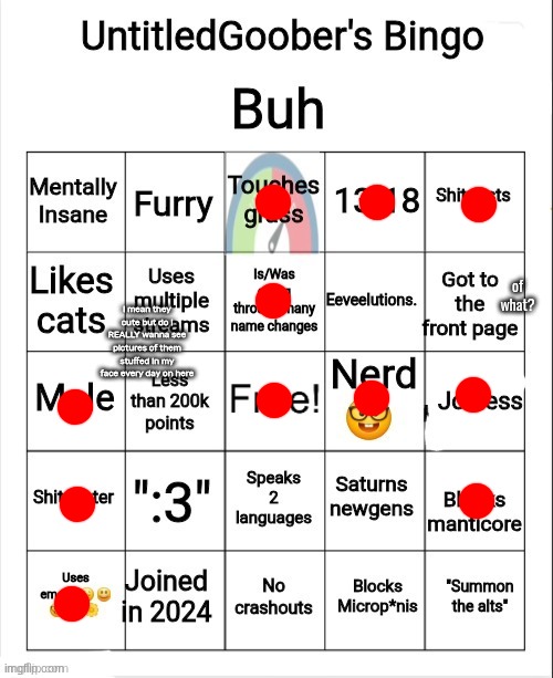 5/10 bingo | of what? i mean they cute but do i REALLY wanna see pictures of them stuffed in my face every day on here | image tagged in untitledgoober's bingo | made w/ Imgflip meme maker