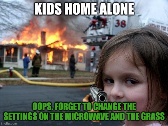 Grass in microwave and the settings | KIDS HOME ALONE; OOPS. FORGET TO CHANGE THE SETTINGS ON THE MICROWAVE AND THE GRASS | image tagged in memes,disaster girl | made w/ Imgflip meme maker