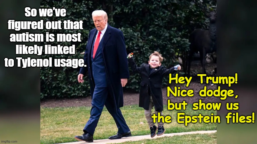 Autism, Tylenol & Trump | So we’ve figured out that autism is most likely linked to Tylenol usage. Hey Trump! Nice dodge, but show us the Epstein files! | image tagged in maga,weird science,donald trump the clown,pedophiles,nevertrump meme,presidential alert | made w/ Imgflip meme maker
