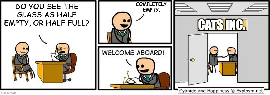 Job Interview | COMPLETELY EMPTY. DO YOU SEE THE GLASS AS HALF EMPTY, OR HALF FULL? CATS INC. | image tagged in job interview | made w/ Imgflip meme maker
