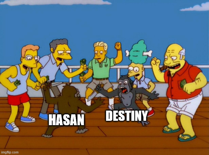 Far Left twitch commenters in a nutshell | DESTINY; HASAN | image tagged in simpsons monkey fight,hasan,destiny,charlie kirk | made w/ Imgflip meme maker