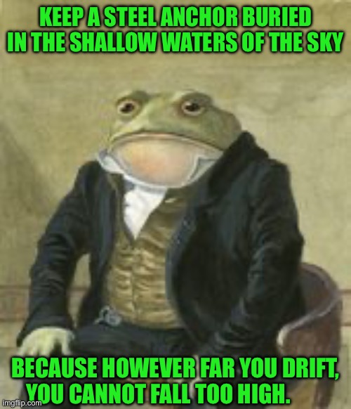 Colonel Toad | KEEP A STEEL ANCHOR BURIED IN THE SHALLOW WATERS OF THE SKY; BECAUSE HOWEVER FAR YOU DRIFT, YOU CANNOT FALL TOO HIGH. | image tagged in colonel toad | made w/ Imgflip meme maker