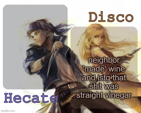 Hecate and Disco's Locke and Celes temp | neighbor 'made' wine and istg that shit was straight vinegar | image tagged in hecate and disco's locke and celes temp | made w/ Imgflip meme maker