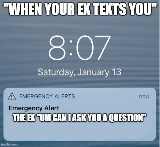 EAS IPhone Alert | "WHEN YOUR EX TEXTS YOU"; THE EX "UM CAN I ASK YOU A QUESTION" | image tagged in eas iphone alert | made w/ Imgflip meme maker