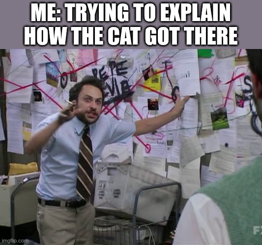 Charlie Conspiracy (Always Sunny in Philidelphia) | ME: TRYING TO EXPLAIN HOW THE CAT GOT THERE | image tagged in charlie conspiracy always sunny in philidelphia | made w/ Imgflip meme maker