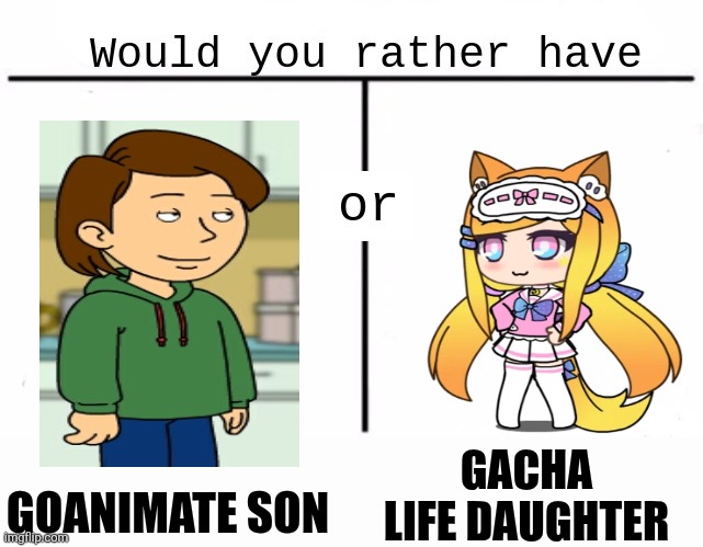 Choose wisely | GACHA LIFE DAUGHTER; GOANIMATE SON | image tagged in would you rather have template,goanimate,gacha life,funny memes | made w/ Imgflip meme maker