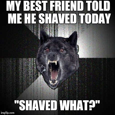 Insanity Wolf | MY BEST FRIEND TOLD ME HE SHAVED TODAY "SHAVED WHAT?" | image tagged in memes,insanity wolf | made w/ Imgflip meme maker