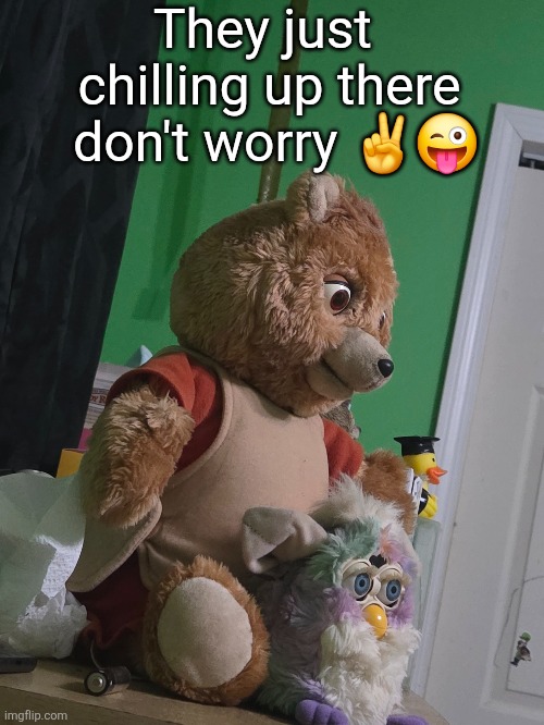 Furby and my childhood Teddy Ruxpin sitting together | They just 
chilling up there
 don't worry ✌️😜 | made w/ Imgflip meme maker