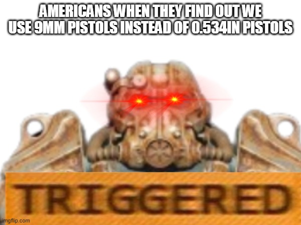 'Merica moment | AMERICANS WHEN THEY FIND OUT WE USE 9MM PISTOLS INSTEAD OF 0.534IN PISTOLS | image tagged in america,fallout,fallout 4 | made w/ Imgflip meme maker