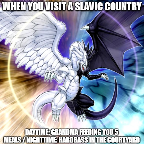Light and Darkness Dragon | WHEN YOU VISIT A SLAVIC COUNTRY; DAYTIME: GRANDMA FEEDING YOU 5 MEALS / NIGHTTIME: HARDBASS IN THE COURTYARD | image tagged in light and darkness dragon,slavic yu-gi-oh | made w/ Imgflip meme maker