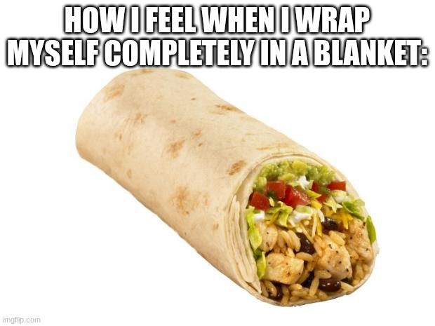 ima burrito | HOW I FEEL WHEN I WRAP MYSELF COMPLETELY IN A BLANKET: | image tagged in burrito | made w/ Imgflip meme maker