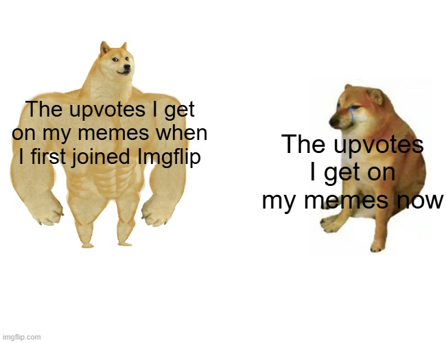 Buff Doge vs. Cheems Meme | The upvotes I get on my memes when
I first joined Imgflip; The upvotes I get on my memes now | image tagged in memes,buff doge vs cheems | made w/ Imgflip meme maker