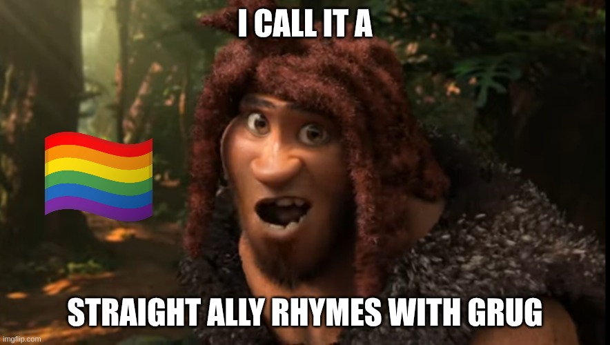 also I'm from new Undertale we both hate msmg | I CALL IT A; STRAIGHT ALLY RHYMES WITH GRUG | image tagged in rhymes with grug | made w/ Imgflip meme maker