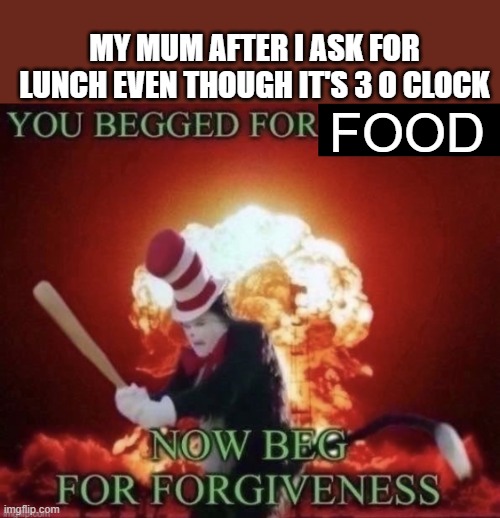 It's 3 o clock bro! | MY MUM AFTER I ASK FOR LUNCH EVEN THOUGH IT'S 3 O CLOCK; FOOD | image tagged in beg for forgiveness,funny,memes,relatable,mum,why are you reading the tags | made w/ Imgflip meme maker