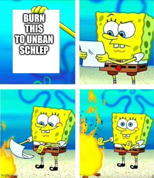Spongebob Burn Note | BURN THIS TO UNBAN SCHLEP | image tagged in spongebob burn note | made w/ Imgflip meme maker