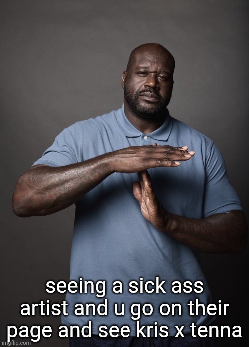 Shaq timeout | seeing a sick ass artist and u go on their page and see kris x tenna | image tagged in shaq timeout | made w/ Imgflip meme maker