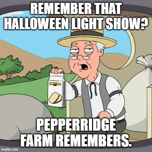 Pepperidge Farm Remembers | REMEMBER THAT HALLOWEEN LIGHT SHOW? PEPPERRIDGE FARM REMEMBERS. | image tagged in memes,pepperidge farm remembers | made w/ Imgflip meme maker