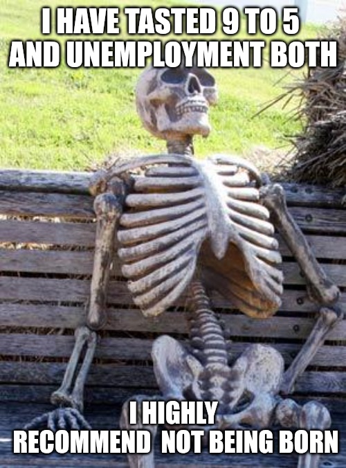 Waiting Skeleton | I HAVE TASTED 9 TO 5 
AND UNEMPLOYMENT BOTH; I HIGHLY
 RECOMMEND  NOT BEING BORN | image tagged in memes,waiting skeleton | made w/ Imgflip meme maker