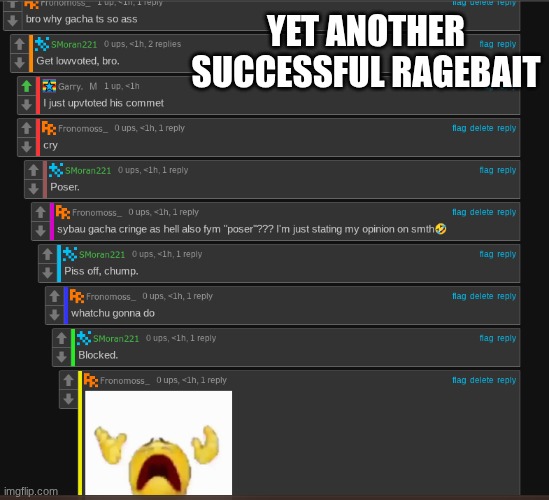 I'm probably getting hate for this but ragebaiting is too funny | YET ANOTHER SUCCESSFUL RAGEBAIT | image tagged in ragebait,gacha,cringe,fun,memes,shitpost | made w/ Imgflip meme maker