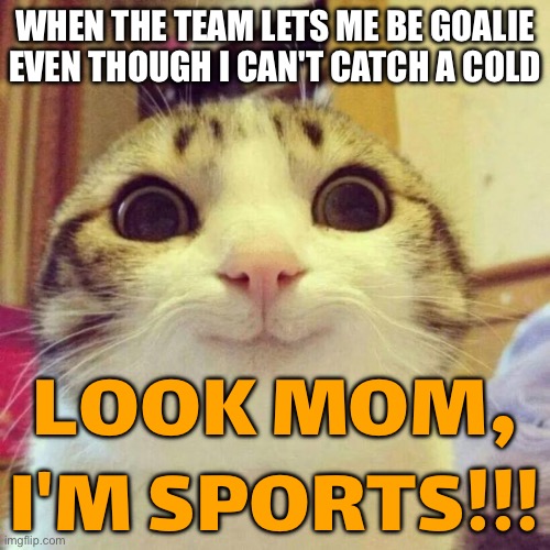 LOOK MOM, I'M SPORTS!!! | WHEN THE TEAM LETS ME BE GOALIE EVEN THOUGH I CAN'T CATCH A COLD; LOOK MOM, I'M SPORTS!!! | image tagged in memes,smiling cat,goals,sports,catch,soccer | made w/ Imgflip meme maker