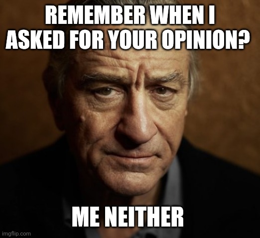 Ask for opinion | REMEMBER WHEN I ASKED FOR YOUR OPINION? ME NEITHER | image tagged in robert deniro listen,funny memes | made w/ Imgflip meme maker
