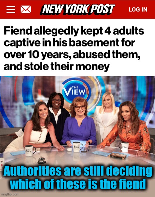 Authorities are still deciding
which of these is the fiend | image tagged in the view,memes,fiend,captive,basement,democrats | made w/ Imgflip meme maker