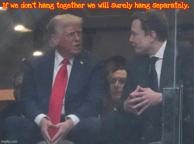 Hanging out with the old gang leader | If we don't hang together we will surely hang separately, | image tagged in hanging out with the old gang leader,got rope,build the gallows and they will come,maga mischief,knoty boys | made w/ Imgflip meme maker