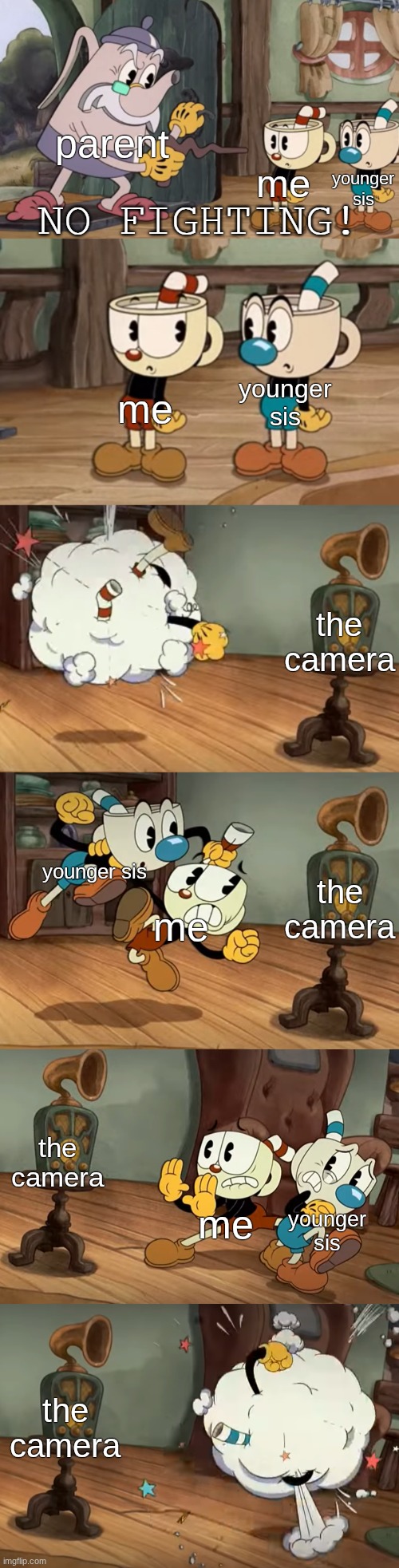 Cuphead Show No Fighting | parent; me; younger sis; younger sis; me; the camera; the camera; younger sis; me; the camera; younger sis; me; the camera | image tagged in cuphead show no fighting | made w/ Imgflip meme maker