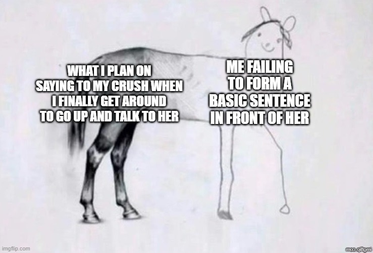 I it just me or anybody else? | ME FAILING TO FORM A BASIC SENTENCE IN FRONT OF HER; WHAT I PLAN ON SAYING TO MY CRUSH WHEN I FINALLY GET AROUND TO GO UP AND TALK TO HER | image tagged in horse drawing | made w/ Imgflip meme maker