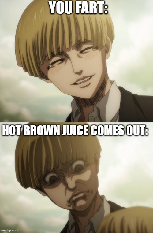 *vomit* | YOU FART:; HOT BROWN JUICE COMES OUT: | image tagged in armin,poop,fart | made w/ Imgflip meme maker