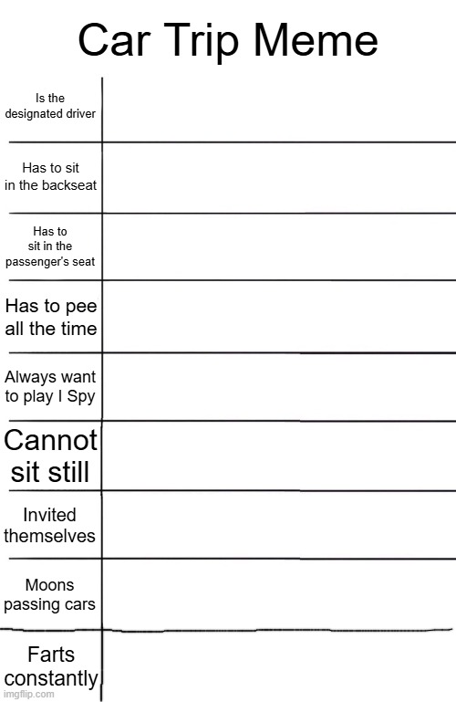 Blank 9 Alignment Chart | Car Trip Meme; Is the designated driver; Has to sit in the backseat; Has to sit in the passenger's seat; Has to pee all the time; Always want to play I Spy; Cannot sit still; Invited themselves; Moons passing cars; Farts constantly | image tagged in blank 9 alignment chart | made w/ Imgflip meme maker