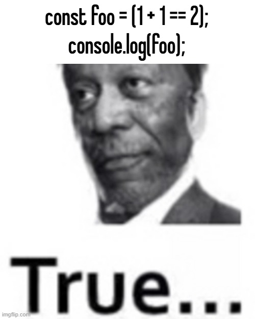 const foo = (1 + 1 == 2);
console.log(foo); | made w/ Imgflip meme maker