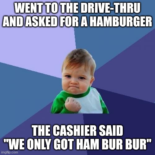 bur bur | WENT TO THE DRIVE-THRU AND ASKED FOR A HAMBURGER; THE CASHIER SAID "WE ONLY GOT HAM BUR BUR" | image tagged in memes,success kid | made w/ Imgflip meme maker