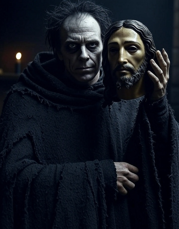 ugly, evil satanic man holding Jesus mask JPP Blank Meme Template