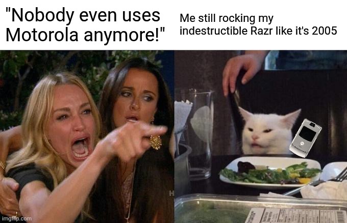 Woman Yelling At Cat Meme Motorola RAZR V3 | "Nobody even uses Motorola anymore!"; Me still rocking my indestructible Razr like it's 2005 | image tagged in memes,woman yelling at cat,funny,motorola | made w/ Imgflip meme maker