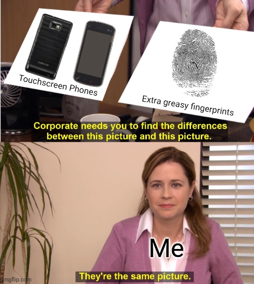 They're The Same Picture Meme | Touchscreen Phones; Extra greasy fingerprints; Me | image tagged in memes,they're the same picture,phone,funny | made w/ Imgflip meme maker