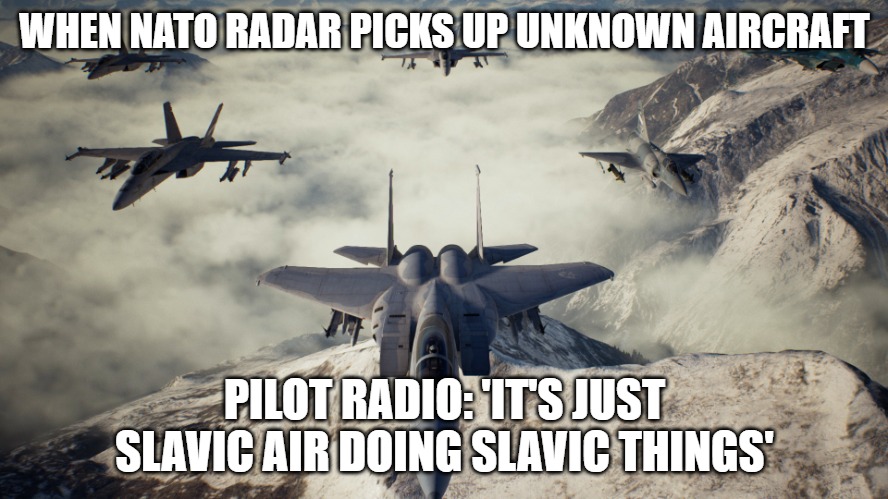 Ace Combat 7 | WHEN NATO RADAR PICKS UP UNKNOWN AIRCRAFT; PILOT RADIO: 'IT'S JUST SLAVIC AIR DOING SLAVIC THINGS' | image tagged in ace combat 7,slavic air,slavic lives matter | made w/ Imgflip meme maker