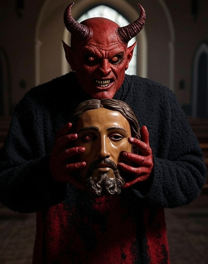 Evil Satan Devil holding Jesus Mask Blank Meme Template