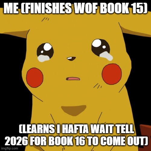Pikachu crying | ME (FINISHES WOF BOOK 15); (LEARNS I HAFTA WAIT TELL 2026 FOR BOOK 16 TO COME OUT) | image tagged in pikachu crying | made w/ Imgflip meme maker