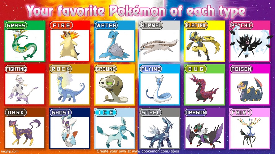 Here's all my favorite pokemin | image tagged in your favorite pokemon of each type,pokemon | made w/ Imgflip meme maker