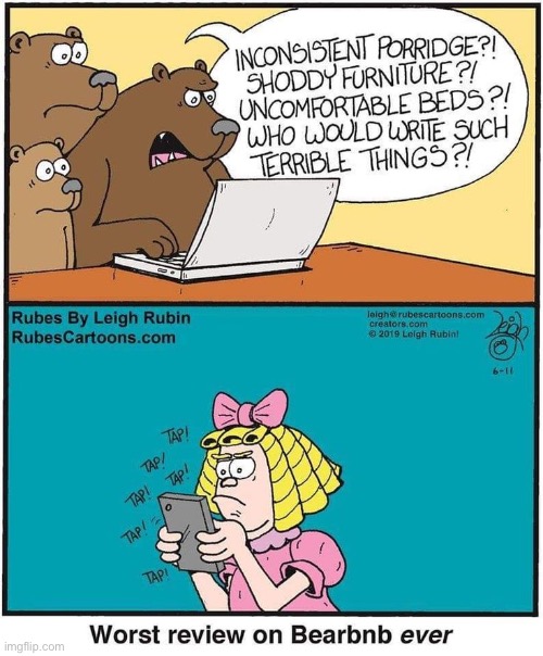 Rubes | image tagged in comics,rubes,goldilocks,three bears,bear bnb,bad review | made w/ Imgflip meme maker