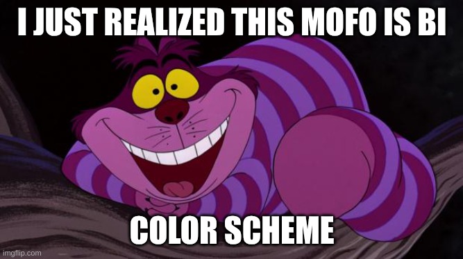 hahahahahahahahaha | I JUST REALIZED THIS MOFO IS BI; COLOR SCHEME | image tagged in cheshire cat | made w/ Imgflip meme maker