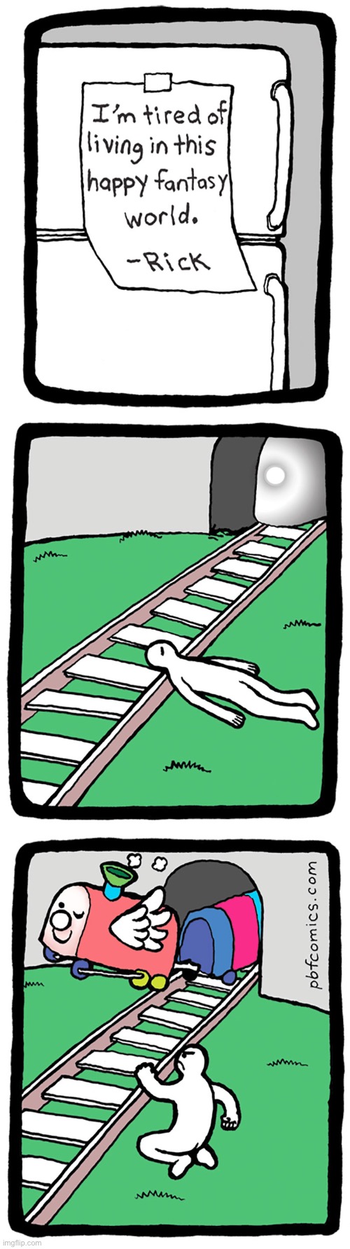 image tagged in comics,pbf,suicide note,suicide attempt,train,happy fantasy world | made w/ Imgflip meme maker